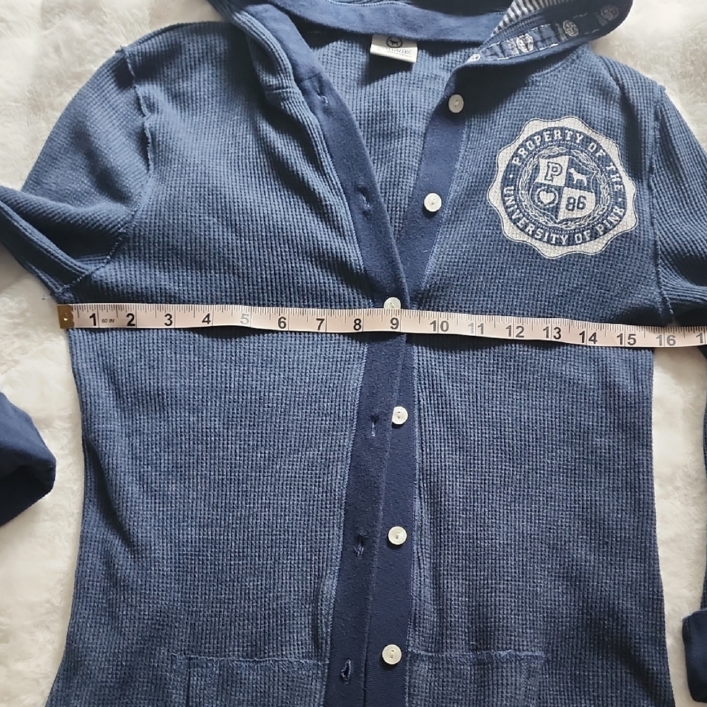 Pink VS Blue Thermal Knit/Waffle Hooded Cardigan Button Down. Size: L - Picture 2 of 7
